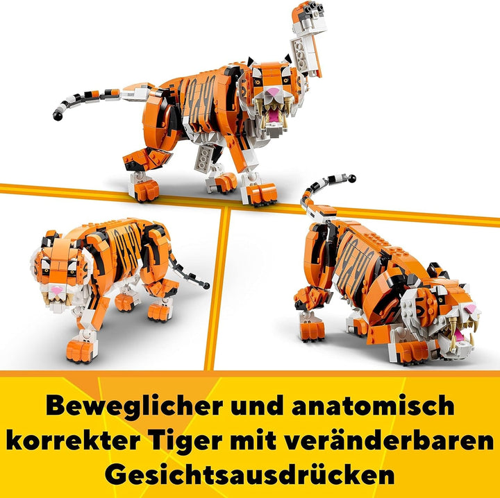 LEGO 31129 Creator Majestic Tiger, Panda sau Pește, set 3 în 1 de figuri de animale, jucărie pentru copii, băieți și fete, jucărie de construcție cu animale