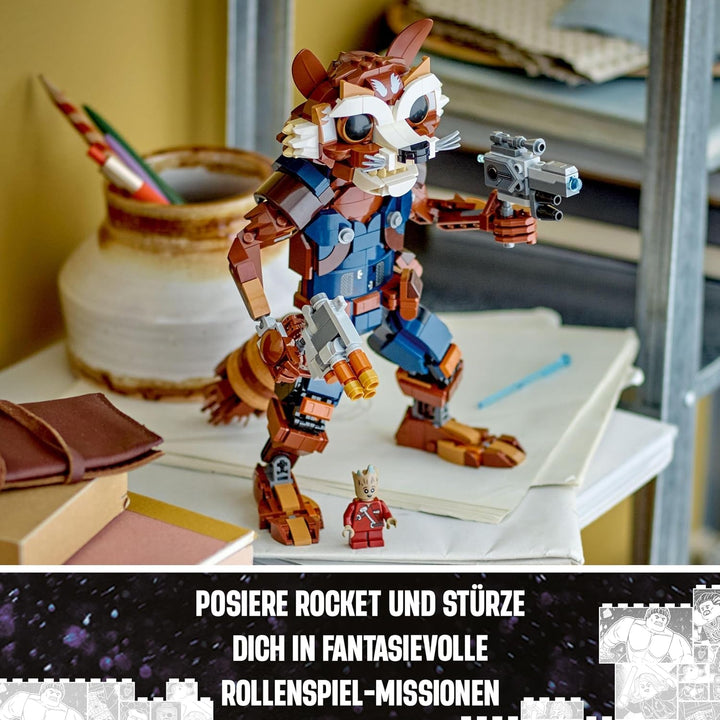 LEGO Marvel Rocket & Baby Groot, jucărie construibilă de supererou pentru copii din Gardienii Galaxiei de la Marvel Studios, figură pentru jocuri de rol, cadou pentru băieți și fete de la 10 ani 76282