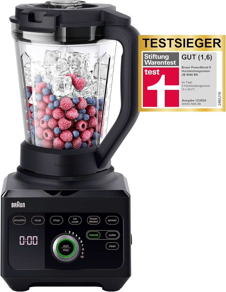 Braun Hochleistungsmixer Powerblend 9 JB9040 – Standmixer Mit Glas-Mixkrug, 18 Mixprogramme, 10 Geschwindigkeiten + Pulsfunktion, Heiße Suppen Funktion, Reinigungsprogramm, Stampfer, 1600 W, Schwarz