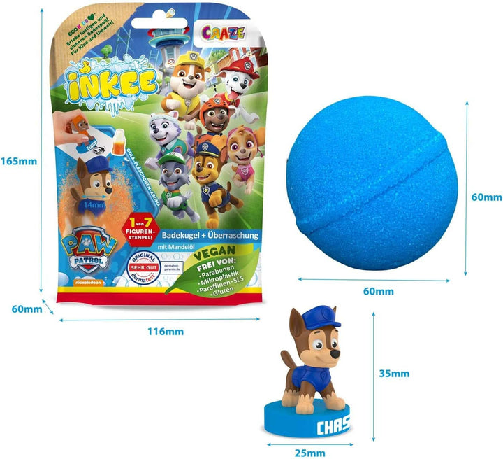 INKEE SURPRISE PAW PATROL, Bomba de baie pentru copii cu surpriză, aromă de gumă de cola, efect de spumă, 80 grame