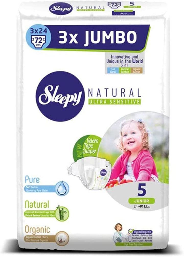 Sleepy 3X Jumbo Natural Baby Scutece, fabricate din bumbac organic și extract de bambus