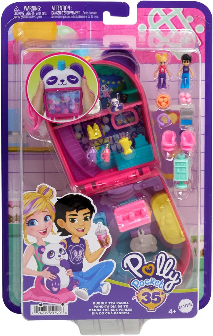 Polly Pocket păpuși și set de joacă, Bubble Tea Panda Box, jucărie pentru animale cu 2 păpuși mici, Panda și accesorii pentru mâncare, HWN95