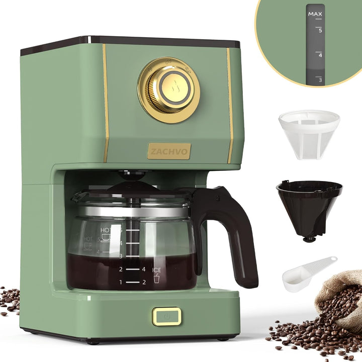 ZACHVO filtru de cafea cu ulcior de sticlă, filtru de cafea, 5 cești, capacitate 650ml, filtru reutilizabil, oprire picurare, oprire automată, funcție de menținere la cald 30min, 3 moduri de preparare