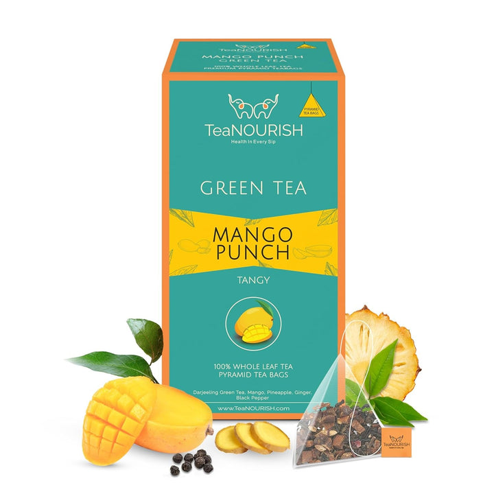 Teanourish Ghimbir Tulsi Ceai verde | 20 pliculețe de ceai piramidale | Darjeeling frunze întregi | Superalimente indiene Ghimbir, Tulsi &amp; Lemn dulce | Ameliorează stresul și favorizează digestia