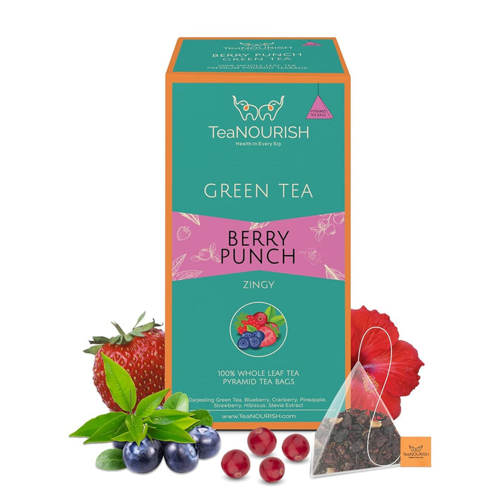 Teanourish Ghimbir Tulsi Ceai verde | 20 pliculețe de ceai piramidale | Darjeeling frunze întregi | Superalimente indiene Ghimbir, Tulsi &amp; Lemn dulce | Ameliorează stresul și favorizează digestia
