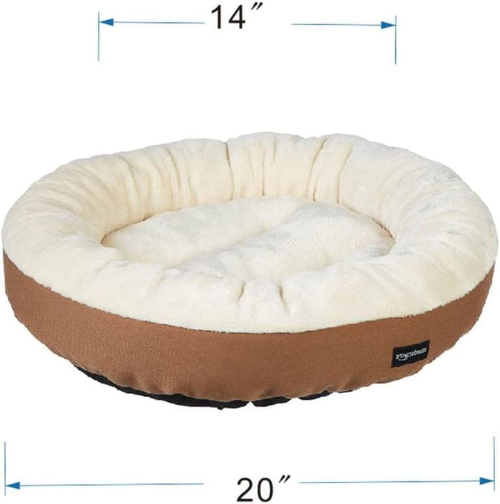 Pat rotund tapițat Amazon Basics pentru câini sau pisici, cu blat din flanel, 50 x 50,8 x 15,2 cm, maro și fildeș