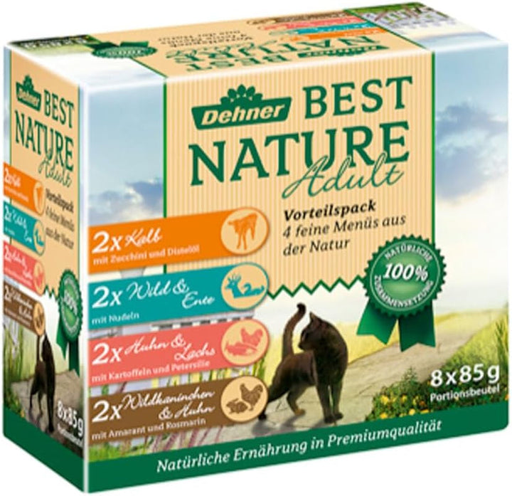 Dehner Best Nature Cat Food Multipack, hrană umedă, pentru pisici adulte, 2 X vițel / vânat / pui / iepure, 8 X 85 G sac (680 G)