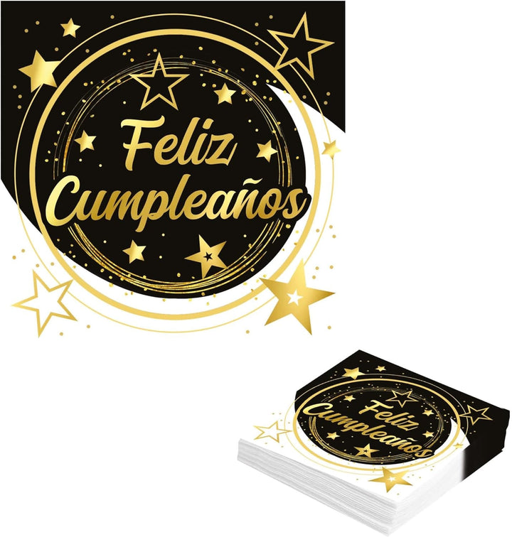 | 20 Șervețele Happy New Year (16X16 Cm) - Decorațiuni de masă pentru petreceri de Revelion - Ideal pentru evenimente și sărbători - Negru și auriu