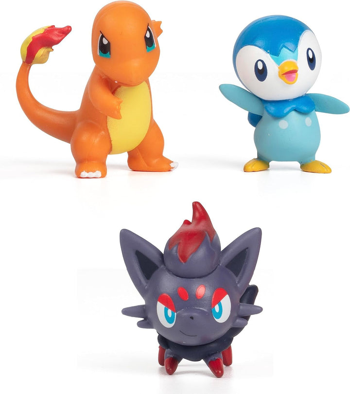 Pokémon Battle Ready! Set de figurine 6 piese - 11.4 Cm Ash & Launching Pikachu, 5.1 Cm Charmander, Rowlet, Piplup, Zorua - Licențiat oficial - Cadou de Paște pentru copii, băieți, fete