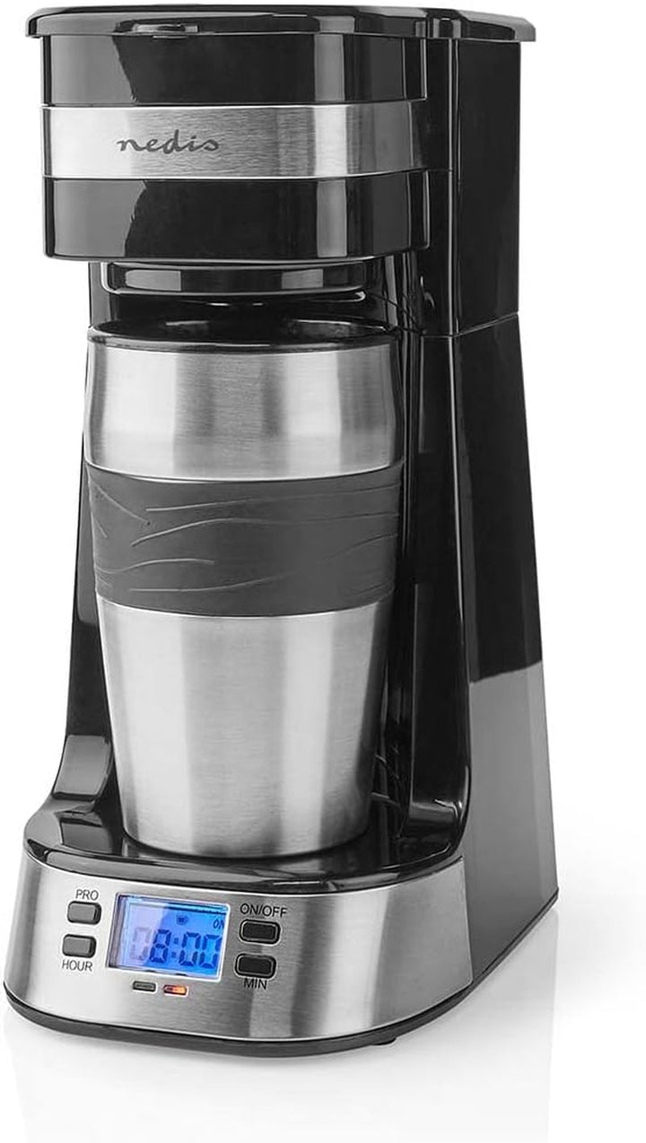 NEDIS Cafetieră - Filtru de cafea - 0,4 L - 1 ceașcă - Pornire cu temporizator - Negru / Argintiu
