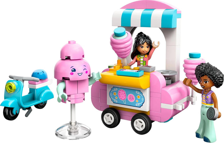 Suport pentru vată de zahăr LEGO Friends, set de joacă pentru jocuri de rol creative cu 2 minifigurine, suport mobil și accesorii, cadou pentru fete de la 6 ani, set de construcție cu mini păpuși 42643