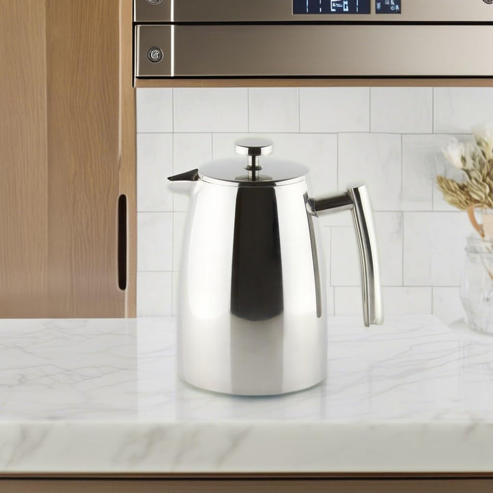 Cafe HFD-16 Stäl Belmont filtru de cafea cu perete dublu din oțel inoxidabil de înaltă calitate 18/10 - 16 cești demitasse, 2 litri, lustruit lucios, tamper