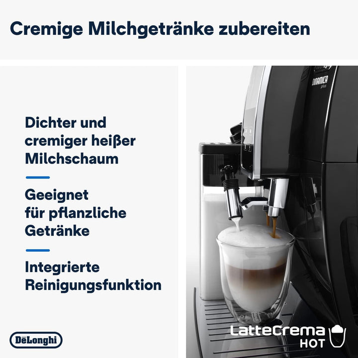 De'Longhi Dinamica plus ECAM 370.70.B Aparat de cafea complet automat cu sistem de lapte Lattecrema, cappuccino și espresso, afișaj color TFT cu ecran tactil de 3,5 inchi și control prin aplicații, funcție cafetieră, negru