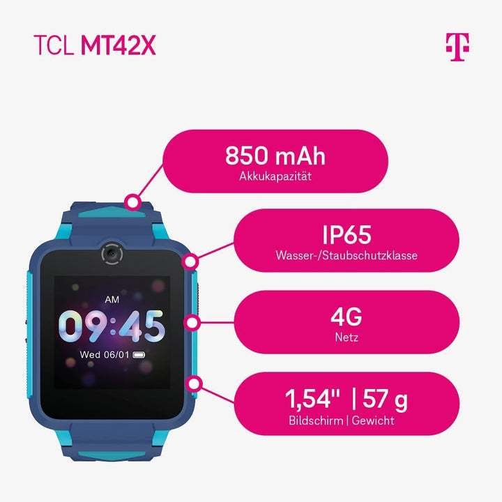 TCL MT42X Blue - Smartwatch pentru copii cu Telekom Smart Connect S, inclusiv voucher Amazon 30â'¬ (pachet SIM)