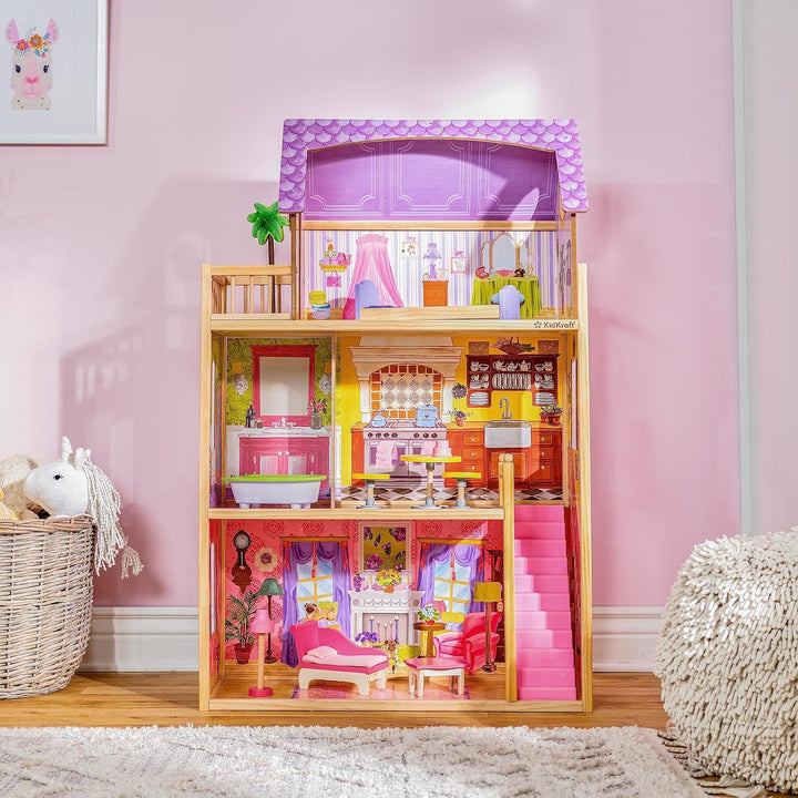 Casa de păpuși din lemn Kidkraft Kayla cu mobilier și accesorii, set de joacă cu 3 niveluri de joc pentru păpuși de 30 cm, jucărie pentru copii de la 3 ani, 65092 - Exclusiv pe Amazon