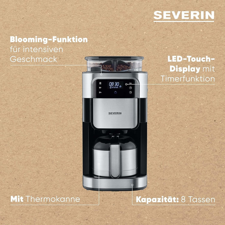 SEVERIN Filtru de cafea cu râșniță din oțel inoxidabil și ulcior termo, măcinare fină și nivel de măcinare selectabil individual, 1000 W, pentru până la 8 cești / Aprox. 1 litru, negru, KA 4814