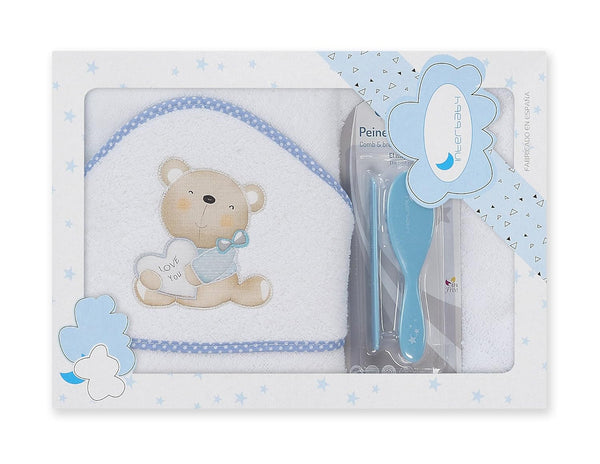 Interbaby P1177-11 Prosop de baie cu glugă pentru copii LOVE YOU alb și albastru cu pieptene și perie, albastru