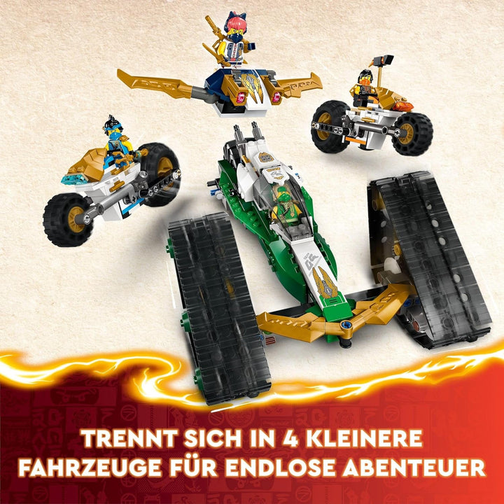 LEGO NINJAGO Ninja Team Combi Caterpillar, set 4 în 1 cu planor, mașină de curse și 2 motociclete și 6 minifigurine, cadou pentru băieți și fete, jucărie Ninja 71820