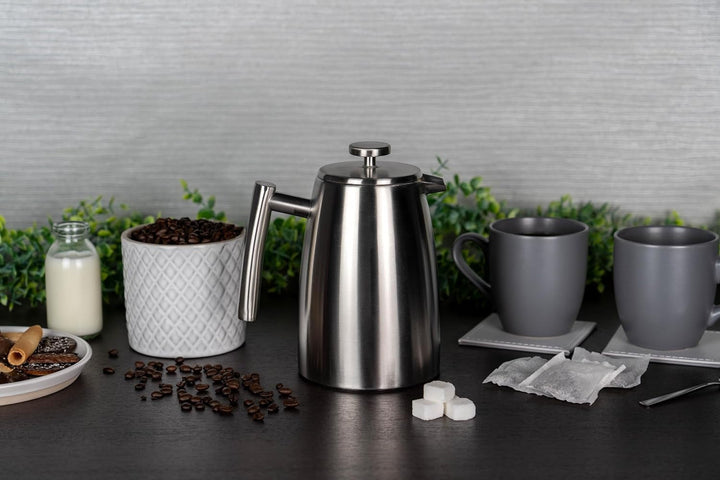Cafe HFD-16 Stäl Belmont filtru de cafea cu perete dublu din oțel inoxidabil de înaltă calitate 18/10 - 16 cești demitasse, 2 litri, lustruit lucios, tamper