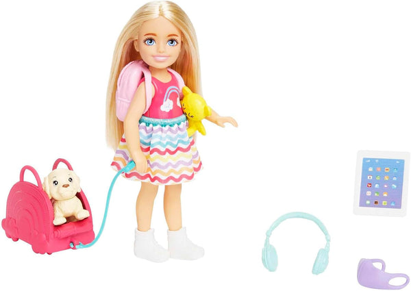 Jucărie Barbie, păpușă Chelsea și accesorii, set de călătorie cu câine și 6 piese, inclusiv suport pentru câine, HJY17
