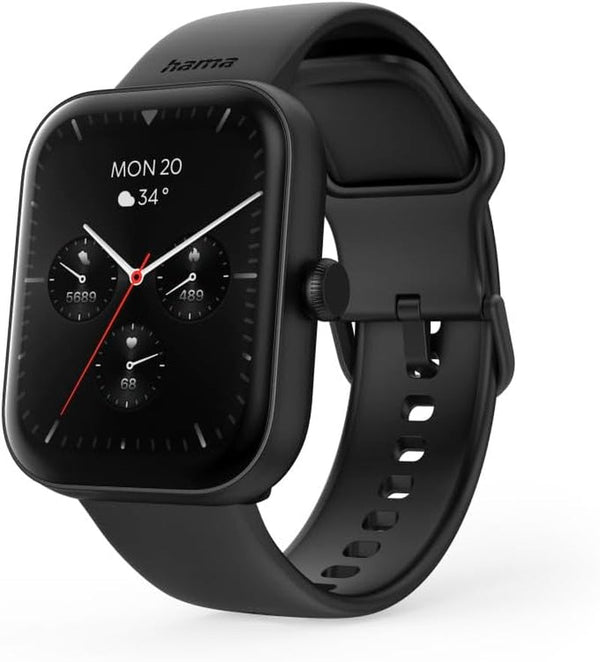 Hama Smartwatch (ecran color 1.65", funcție telefon, Whatsapp, e-mailuri etc., asistent vocal, rezistent la apă, fitness tracker cu 100 de sporturi + ritm cardiac, oxigen din sânge, calorii etc.) negru