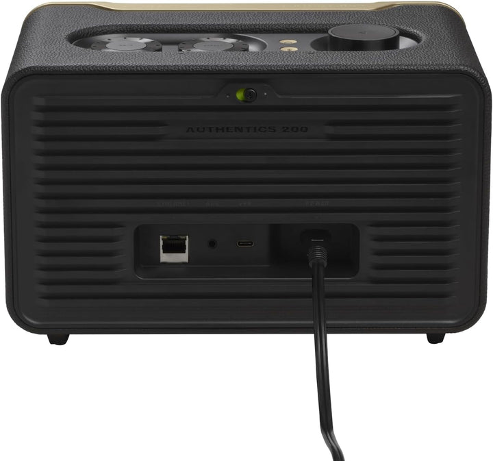 JBL Authentics 200 Smart Home Speaker - Difuzor Bluetooth cu design retro din anii '70 - Cu grilă Quadrex, Google Assistant, Alexa, Airplay și JBL One App - Negru