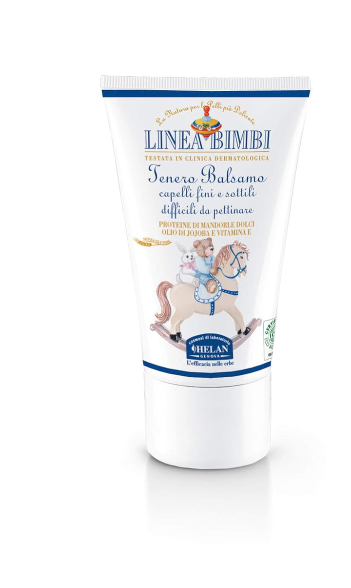 , Linea Bimbi - Balsam pentru păr creț și greu de pieptănat Copii, Balsam pentru păr fin și subțire cu ulei de migdale și ulei de jojoba, fără parabeni și siliconi Nutritiv Made in Italy, 50 ml