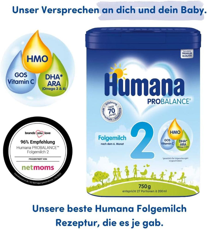 Humana PROBALANCE Folgemilch 2, Nach Dem 6. Monat, Babynahrung Im Anschluss an Das Stillen Oder Einer Anfangsnahrung, Ideal Zum Zufüttern Oder Als Alleinige Milchnahrung, 750 G