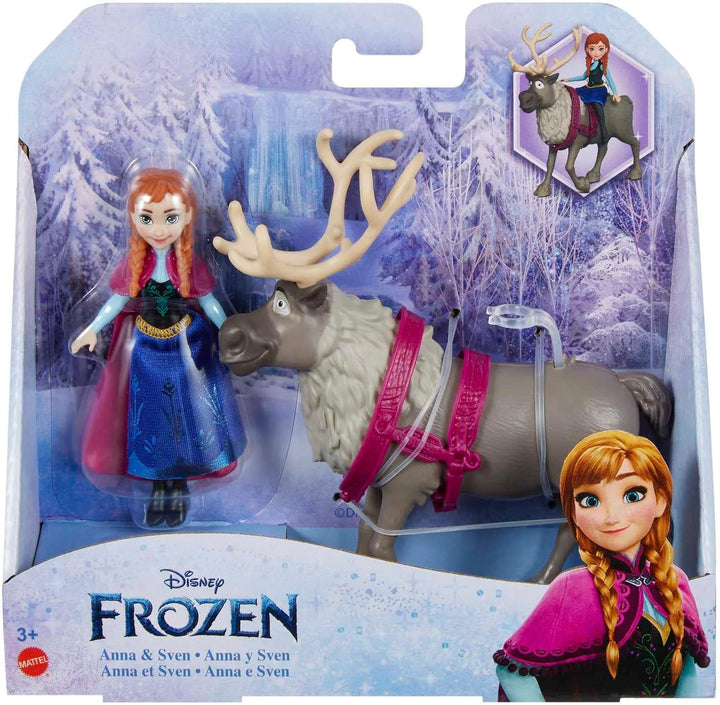 Mattel DISNEY The Ice Queen Anna & Sven - păpușă și figurină animal, inspirată de personajele animate, membre mobile, fustă și pelerină detașabile, pentru copii de la 3 ani, HLX03