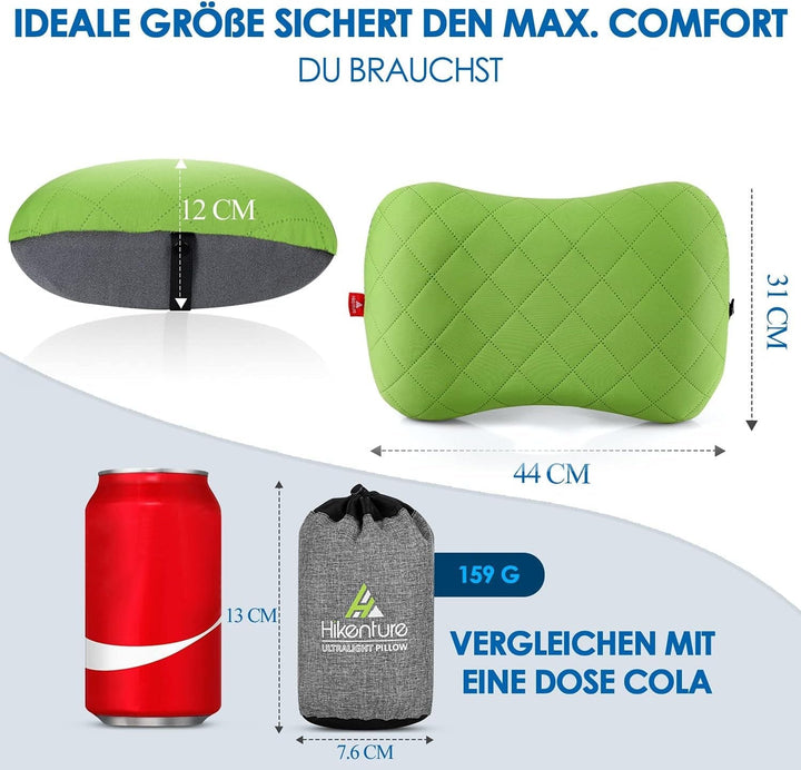 HIKENTURE Pernă gonflabilă de camping / călătorie cu față de pernă detașabilă, pernă ergonomică, pernă confortabilă pentru gât pentru călătorie / exterior, pernă gonflabilă de călătorie pentru gât (verde) ...