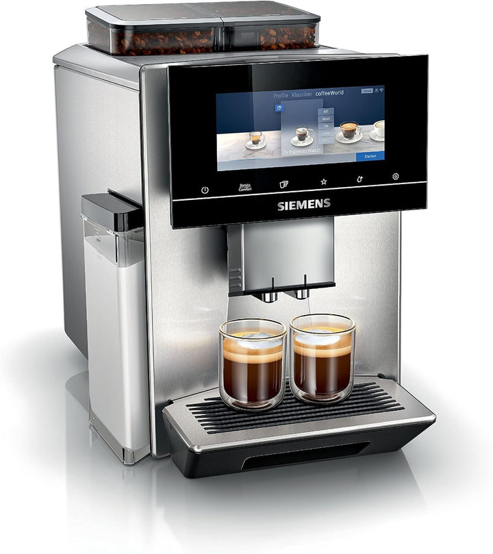 Siemens EQ900 TQ903D03 aparat de cafea complet automat, control prin aplicație, afișaj intuitiv full-touch, mod barista, stimulare aromă, reducere zgomot, râșniță premium, curățare automată cu abur, 1500 W, oțel inoxidabil