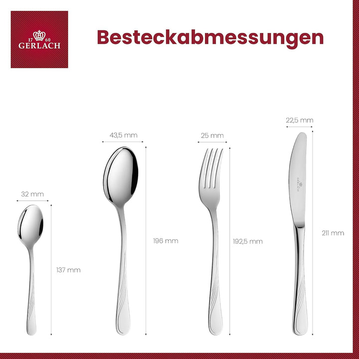 Gerlach Celestia Besteck-Set Für 6 Personen Spülmaschinenfest Essbesteck Edelstahl Tafelbesteck Messer Gabel Löffel Teelöffel Kuchengabel Soßenlöffel Kuchenspachtel Gläzend Rostfrei 24 Stk