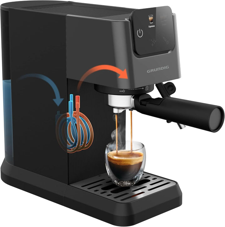 Espressor GRUNDIG KSM 4330 cu filtru portabil și spumator de lapte, pentru cafea măcinată, rezervor de apă detașabil, ecran tactil, putere 1628 W, funcție de memorie, negru