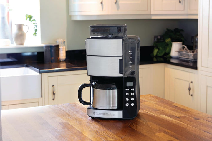Russell Hobbs Cafetiera cu râșniță Thermo Jug [cronometru digital, cap efervescent pentru extracție și aromă optime] Grind&Brew (Max 10 cești, setare de măcinare în 3 trepte) Filtru de cafea 25620-56