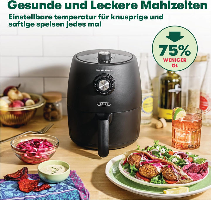 BELLA Heißluftfritteuse 1.9L, 5-In-1 Kompakter Multikocher, Antihaftbeschichtung, Spülmaschinenfester Korb, Mattschwarz