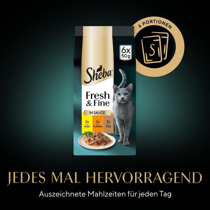 Sheba Portion Bag Wet Cat Food Multipack Fresh & Fine in Sauce With Chicken And Turkey, 6X6X50G - Hrană delicioasă pentru pisici în sos pentru pisici răsfățate