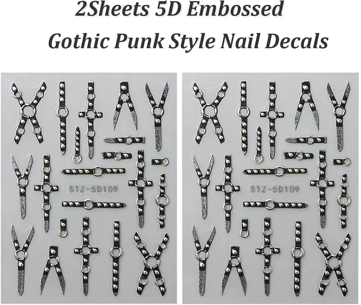 2PCS 5D Embossed Gothic Punk Nagelsticker, Nagel Sticker Selbstklebend Kreuz Und X-Form Halloween Nagelaufkleber, Nageldesign Zubehör Für Damen Nail Art