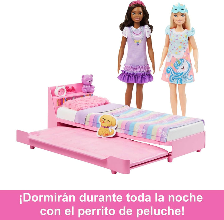Barbie My First Series, Pat rulant, Pat cu accesorii, Ceas cu alarmă, Ursuleț de pluș, Set negru, Pernă, Păpușă, Cadou pentru copii, Jucării de la 3 ani,Hmm64