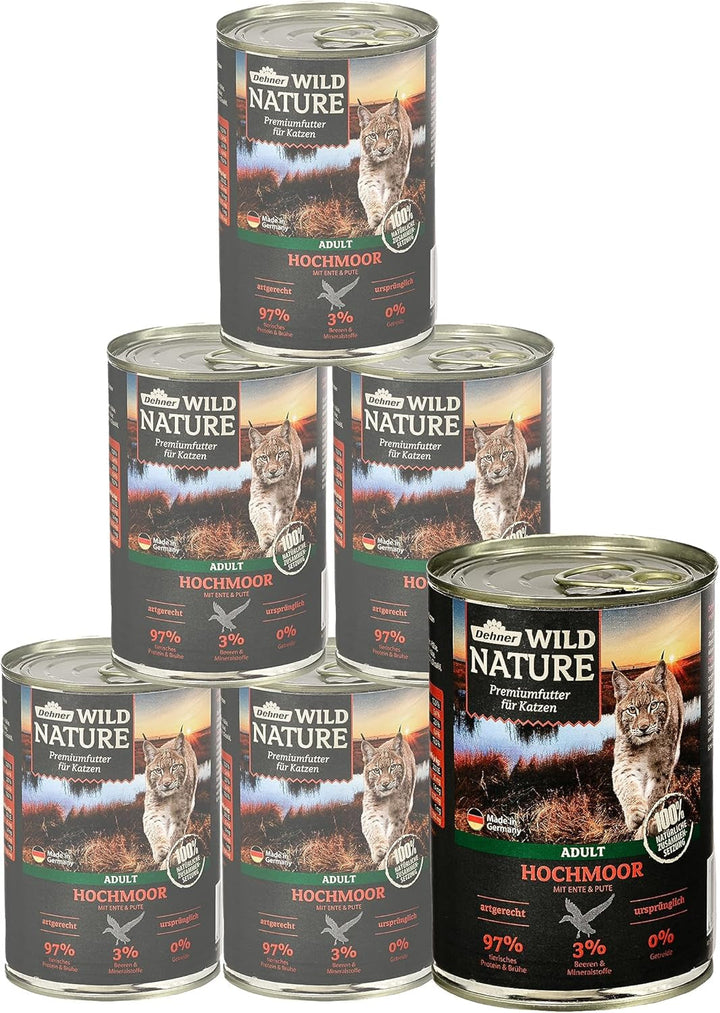 Hrană pentru pisici Dehner Wild Nature Hochmoor, hrană umedă fără cereale, pentru pisici adulte, rață / curcan, cutie 6 X 200 G (1,2 kg)