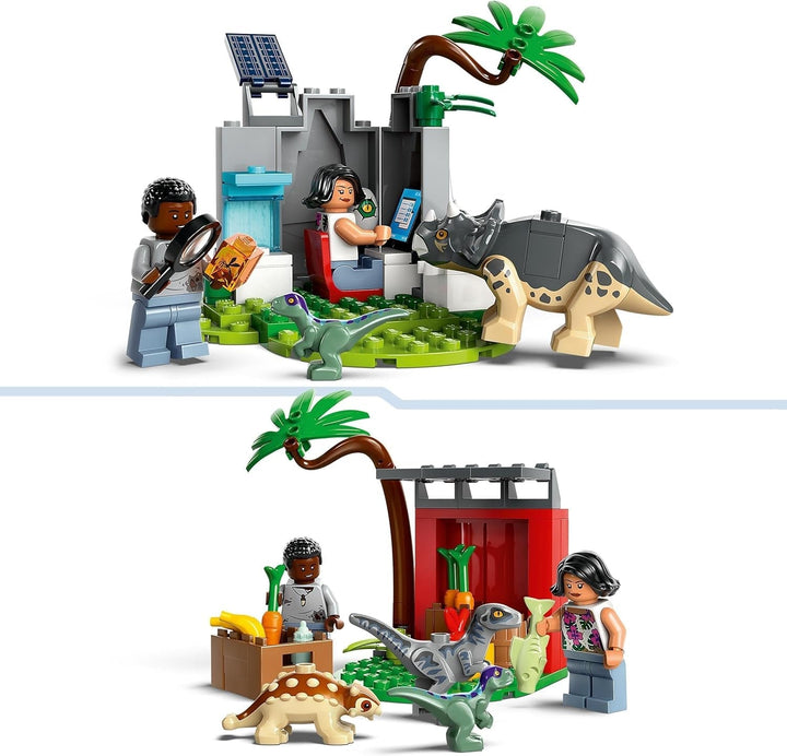 LEGO Jurassic World Rescue Centre for Baby Dinosaurs, set cu figurine mici de dinozauri, inclusiv Triceratops, Ankylosaurus și Velociraptor, cadou de construcție pentru băieți și fete de la 4 ani 76963