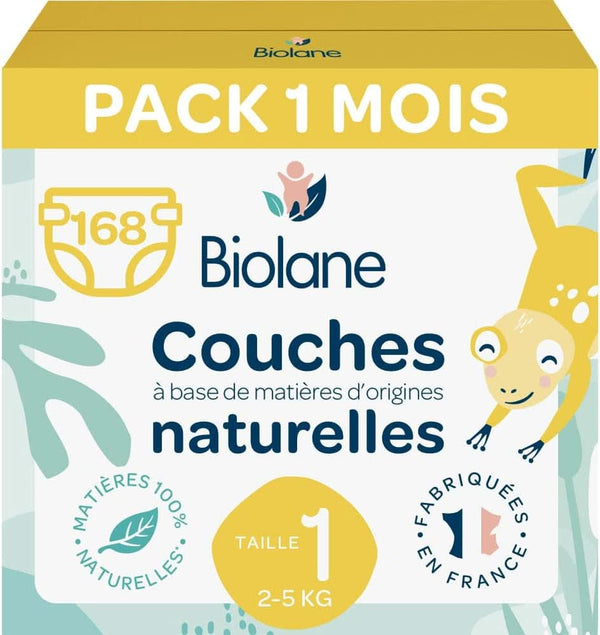 Biolane Windel Größe 1 Ökologisch - Biolane - Größe 1 (2-5 Kg) - Für Empfindliche Haut - Besonders Absorbierend, Keine Undichtigkeiten, 12 Stunden Trocken - Ein-Monats-Packung 168 Windeln