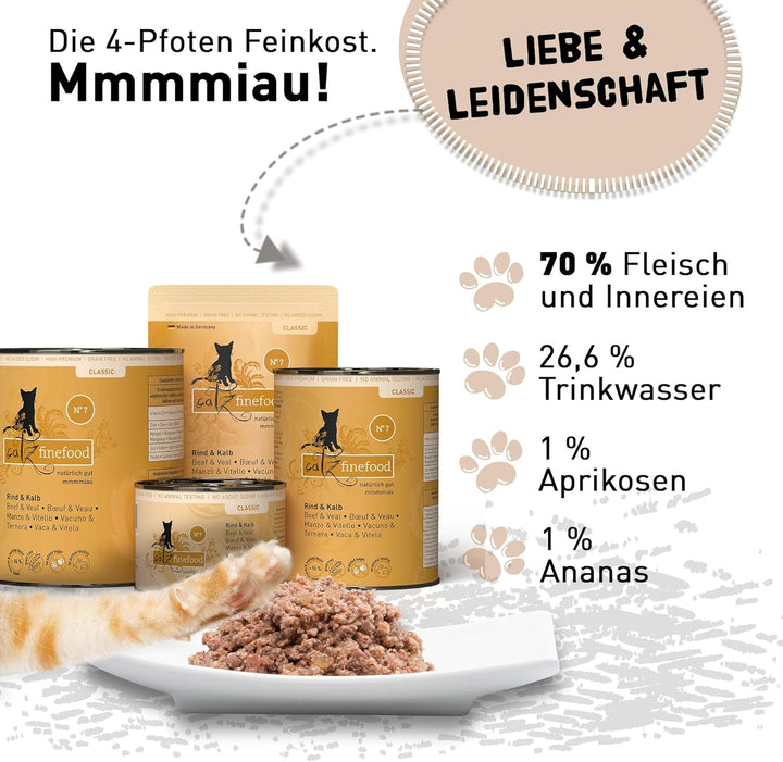 Catz Finefood N° 7 Carne de vită și vițel Delicatessen Hrană umedă pentru pisici, rafinată cu caise și ananas, pungă 16 X 85G