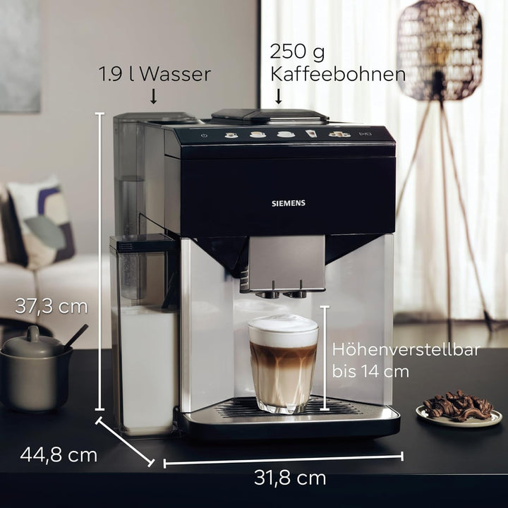 Aparat de cafea complet automat Siemens EQ500 Integral TQ513D01, Multe specialități de cafea, Spumă de lapte, Recipient de lapte integrat, Curățare automată cu abur, 1500 W, Argintiu / negru lăcuit pian
