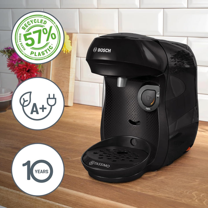 Espressor cu capsule Bosch Tassimo Happy Friendly TAS102E, Peste 70 de băuturi, Potrivit pentru toate tipurile de căni, Oprire automată, Sustenabil, Dozare perfectă, Economie de spațiu, 1400 W, Negru