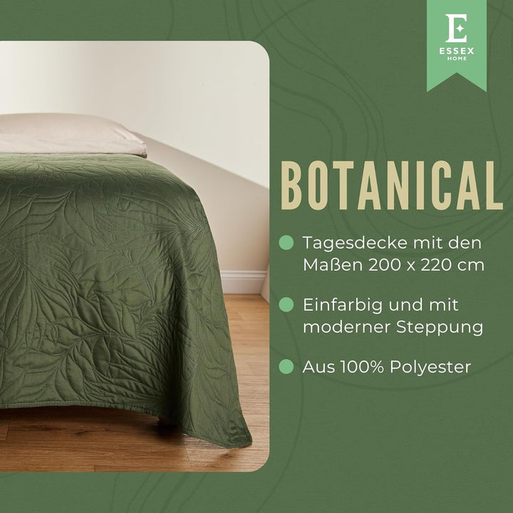 ESSEX - Tagesdecke 200 X 220 Cm, Ideale FÃ¼r Schlafzimmer, BettÃ¼berwurf Weich Und Bequem, Modernen Steppung - Botanical, GrÃ¼n