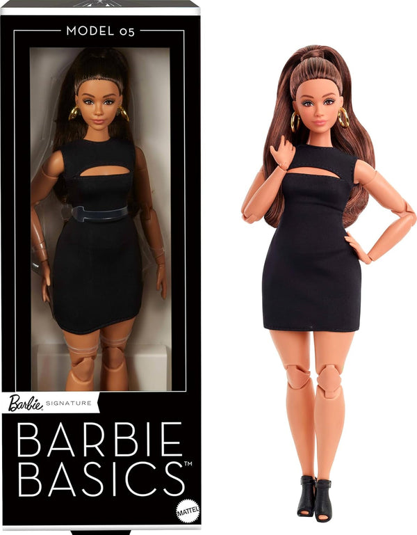 Barbie Basics Model 5, păpușă de colecție cu păr brunet, rochie mini neagră și pantofi cu toc, Universal Fit Fashion, corp mobil cu curbe feminine, JBH73