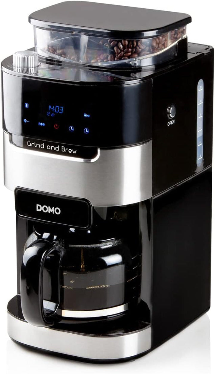 DOMO DO721K Cafetieră "Grind and Brew" cu râșniță și cronometru - 1,5 L, negru, oțel inoxidabil