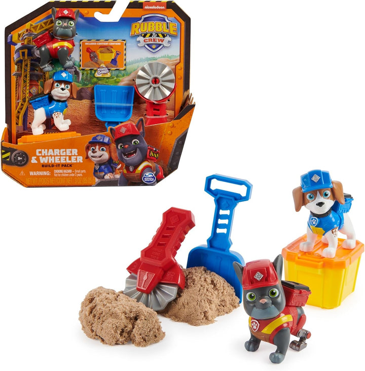 Rubble & Crew - Set de figurine de acțiune cu figurină Rubble & Mix, 2 jucării de construcție și 85G nisip cinetic de construcție, jucărie potrivită pentru copii de la 3 ani în sus