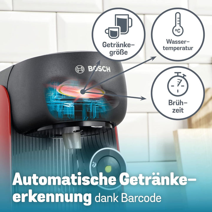 Mașină de cafea cu capsule Bosch Tassimo Finesse TAS16B7 Mașină de cafea By, 70 de băuturi, cafea mai intensă la apăsarea unui buton, deconectare automată, dozare perfectă, economie de spațiu, 1400 W, roșu