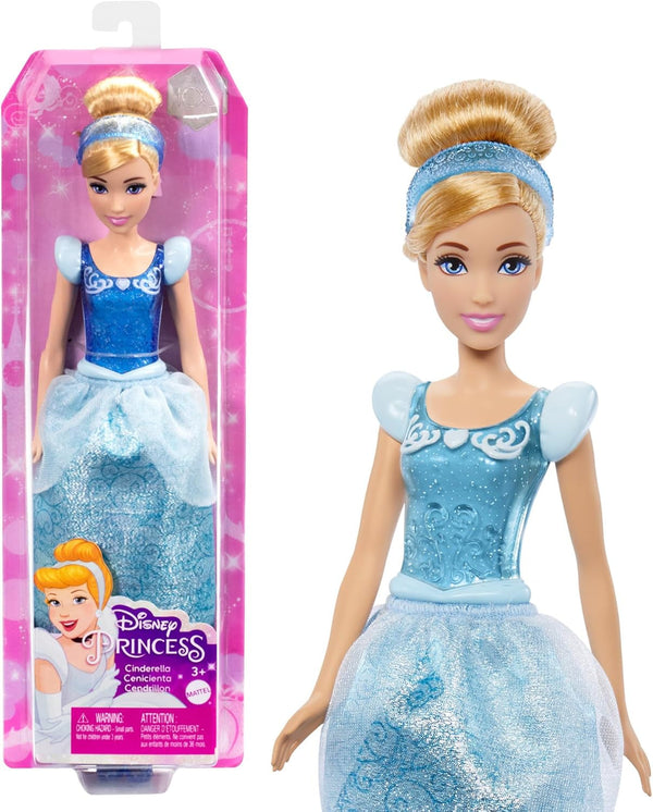 Mattel DISNEY Princess Cinderella - Păpușă mobilă cu costum strălucitor, pantofi și diademă detașabile, păr pieptănabil pentru distracție la coafor, pentru copii de la 3 ani în sus, HLW06